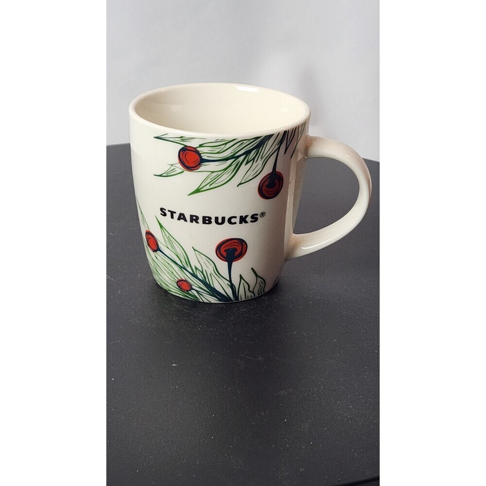 Starbucks 2020 Christmas Holiday Coffee Mug Cup 12 oz. White Red Holly Berries